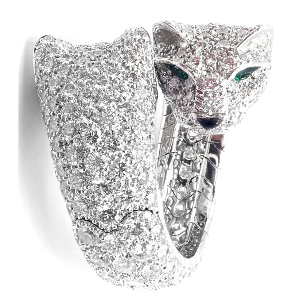 Authentic! Cartier Double Panther Panthere Lakarda 18k Gold Diamond Emerald Ring